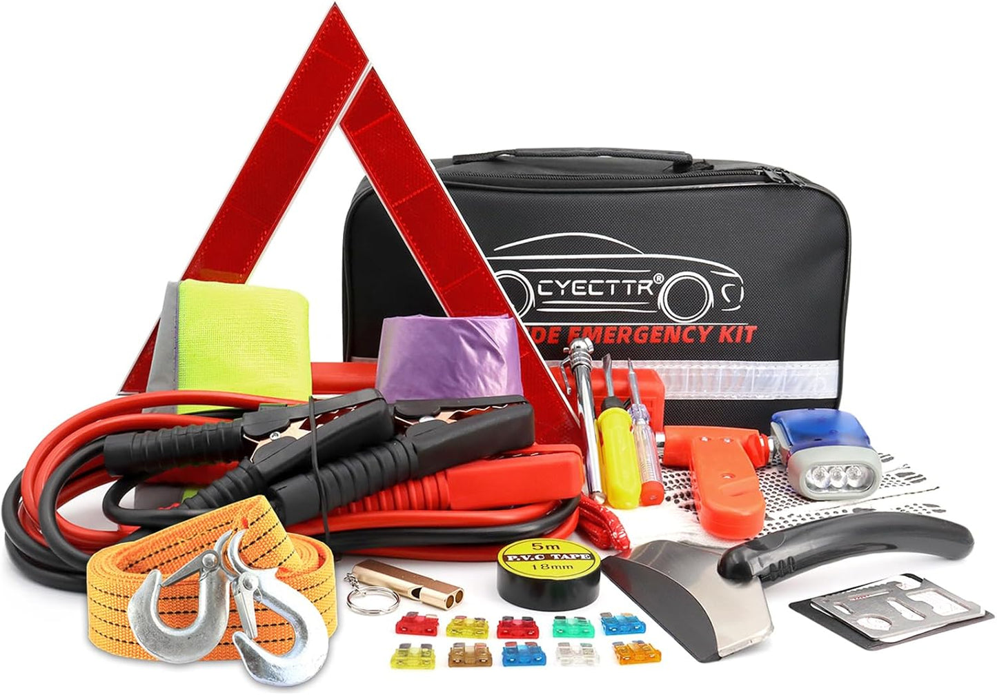 Multipurpose Roadside Emergency Assistance Kit-Jumper Cables,Safety Hammer,LED Flash Light,Tow Strap,Safety Vest and More Ideal Winter Survival Pack Accessory for Your Car,Truck or SUV