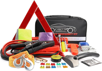 Multipurpose Roadside Emergency Assistance Kit-Jumper Cables,Safety Hammer,LED Flash Light,Tow Strap,Safety Vest and More Ideal Winter Survival Pack Accessory for Your Car,Truck or SUV