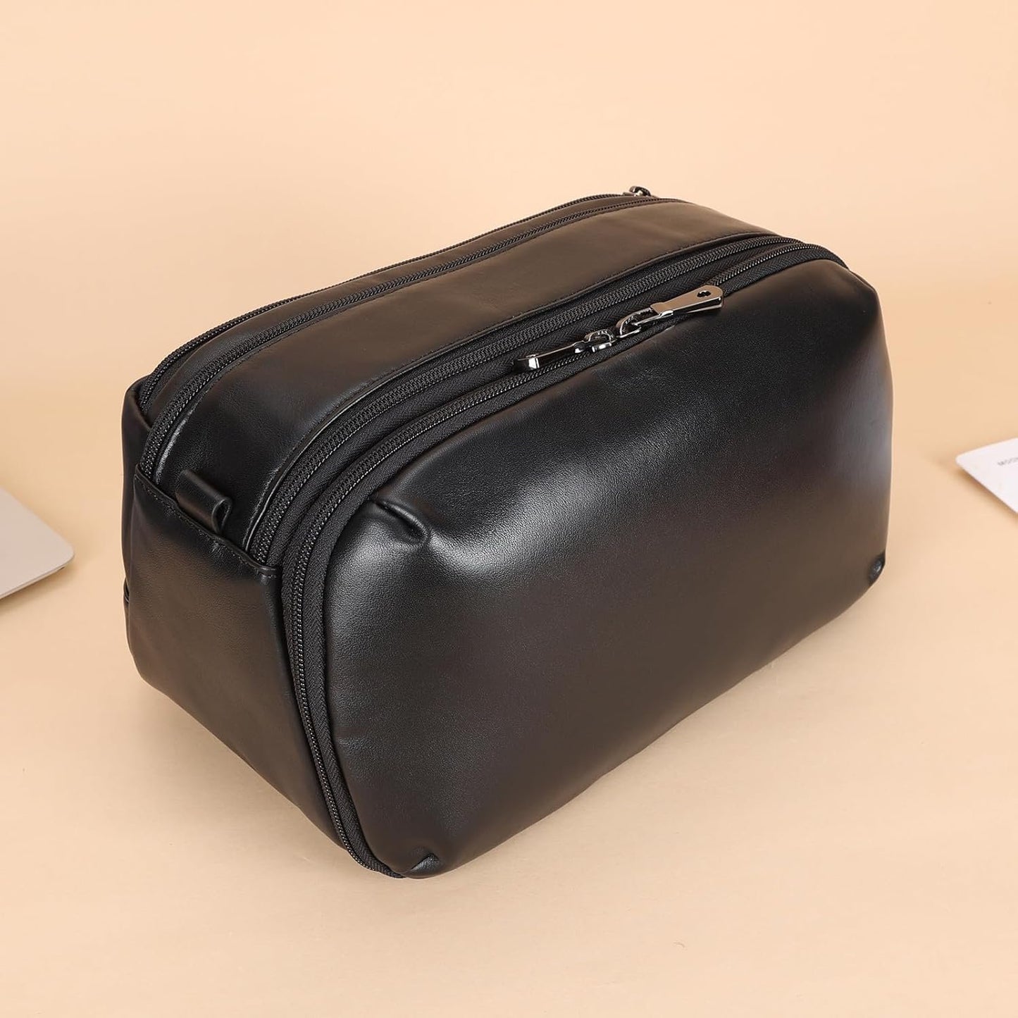 Polare Napa Leather Toiletry Bag for Men Large Travel Cosmetic Case Dopp Kit Shaving Kit Wash Pouch with YKK Zippers (Black)