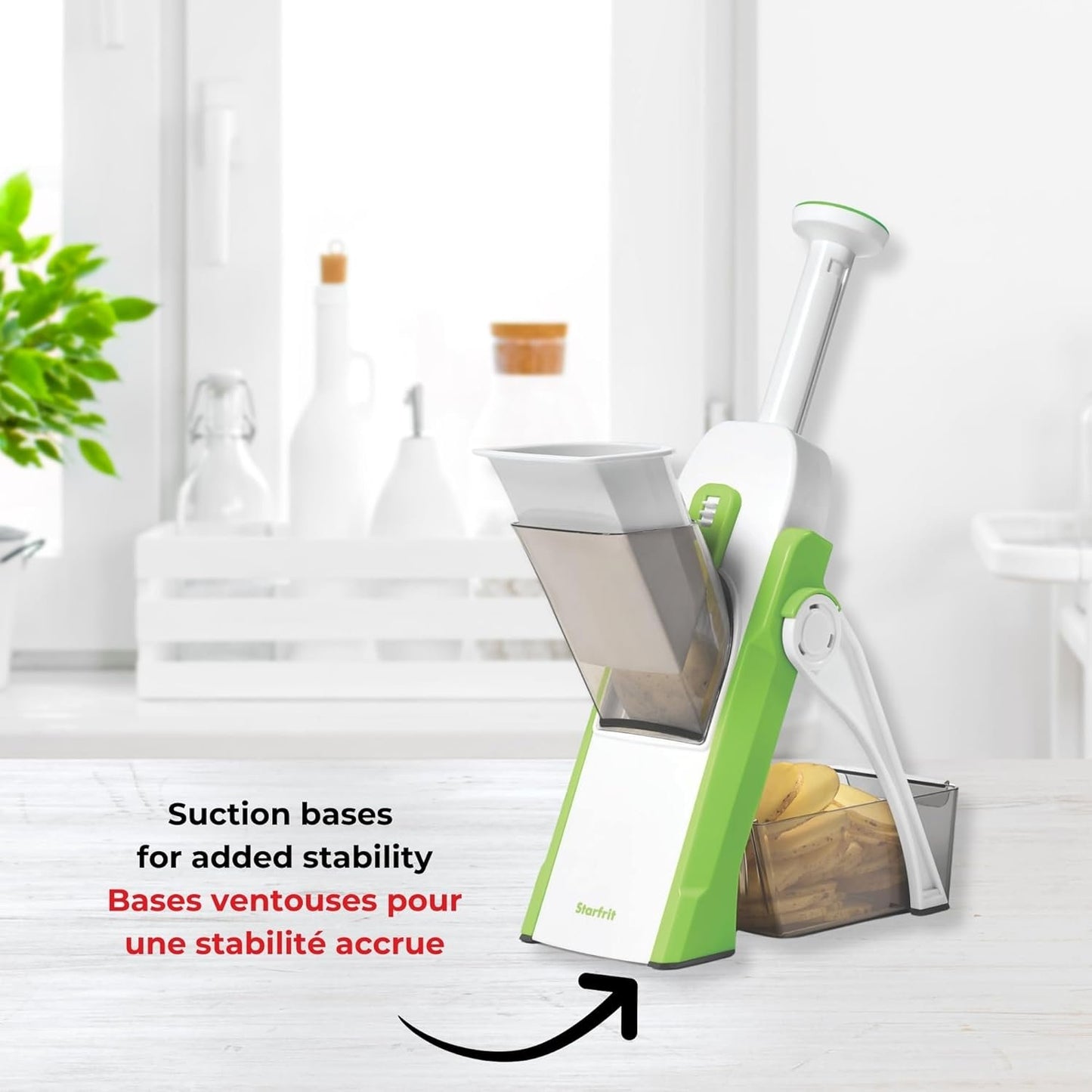 Starfrit Pump'n'Slice - Vertical Mandoline, Food Chopper, Slicer - Safe Enclosed Blades - Folds for Storage | Cleaning Tool -2-in-1