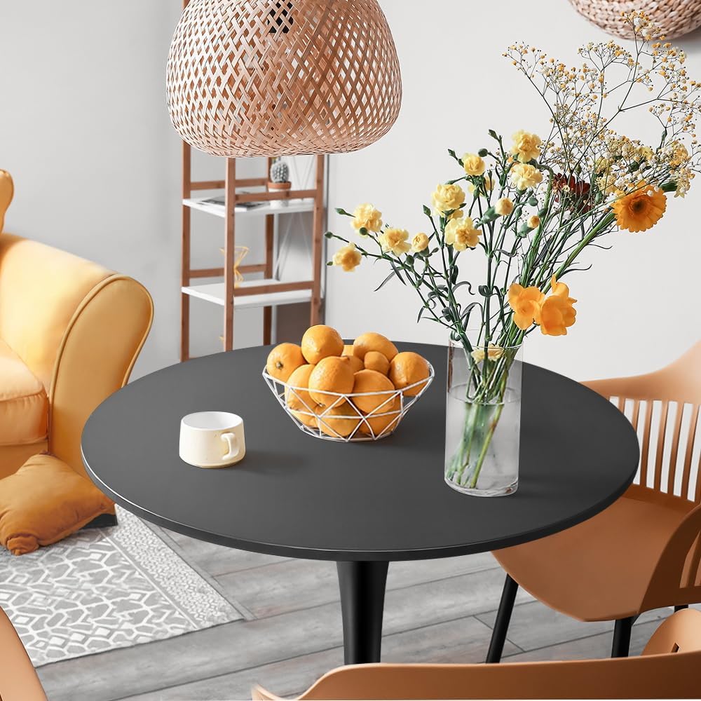 Furb 70cm Round Dining Table for 2, Outdoor Small Black Tulip Patio Coffee Table, Wooden Tabletop and Steel Leg