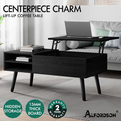 ALFORDSON Lift Tabletop Coffee Table Center Table Black Color, Living Room Office Reception Dining Table with Rising Top, Hidden Storage and Side Open Shelves