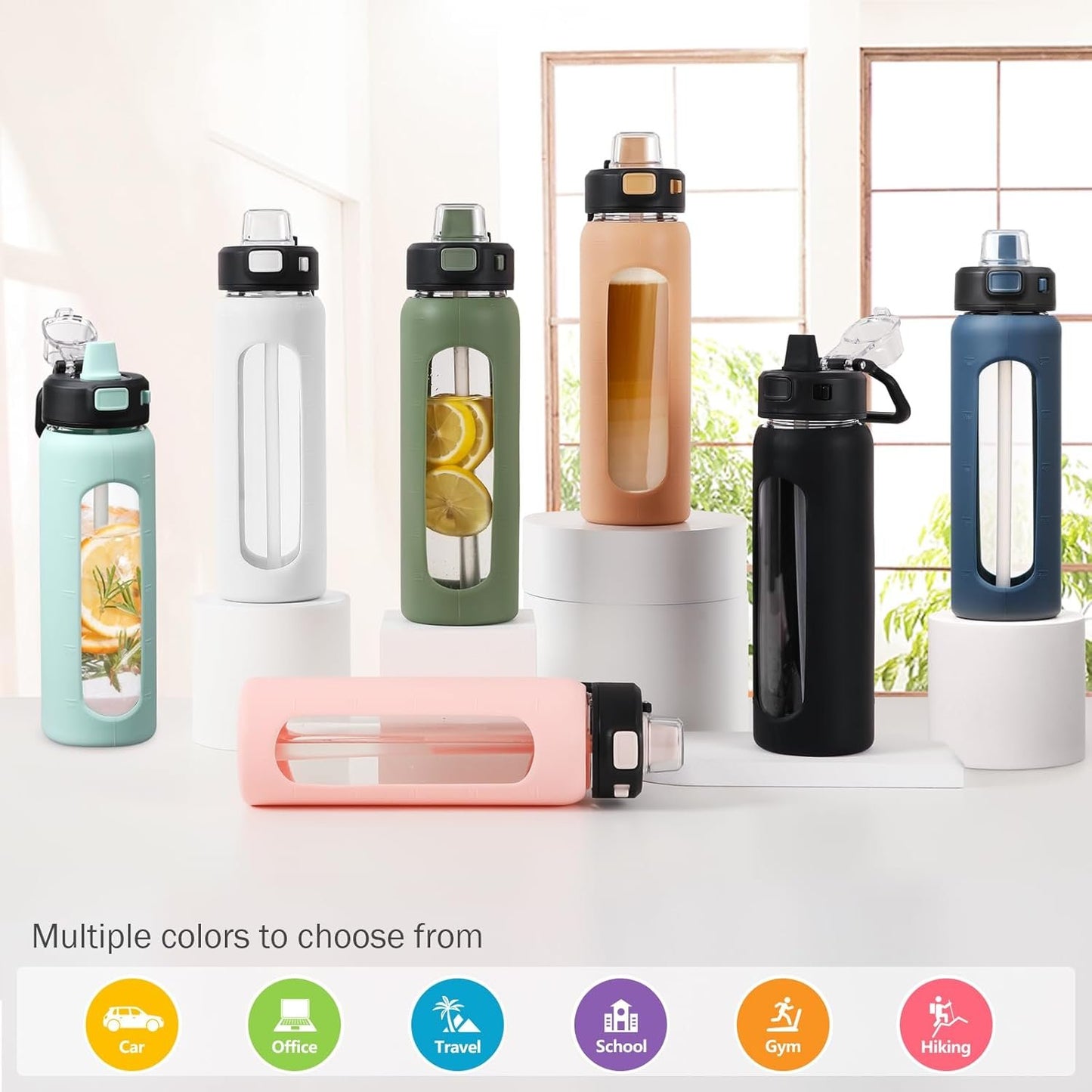 Kodrine Water Bottle With Straw and Carry Handle, Glass Water Bottle 24 oz Leak Proof Locking Lid with Soft Silicone Spout, Reusable Drinking Cups for Travel Sports with Time Marker,Black