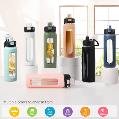 Kodrine Water Bottle With Straw and Carry Handle, Glass Water Bottle 24 oz Leak Proof Locking Lid with Soft Silicone Spout, Reusable Drinking Cups for Travel Sports with Time Marker,Black
