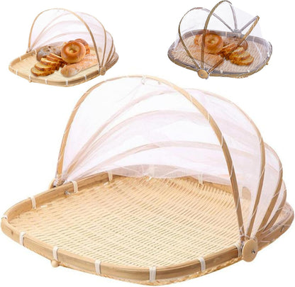 Fruit Basket with Cover 15x15 in Square Woven Bamboo Bread Basket with Lid Dust-Proof Mesh Wicker Food Serving Tent for Picnic Vegetable Fruits Meals
