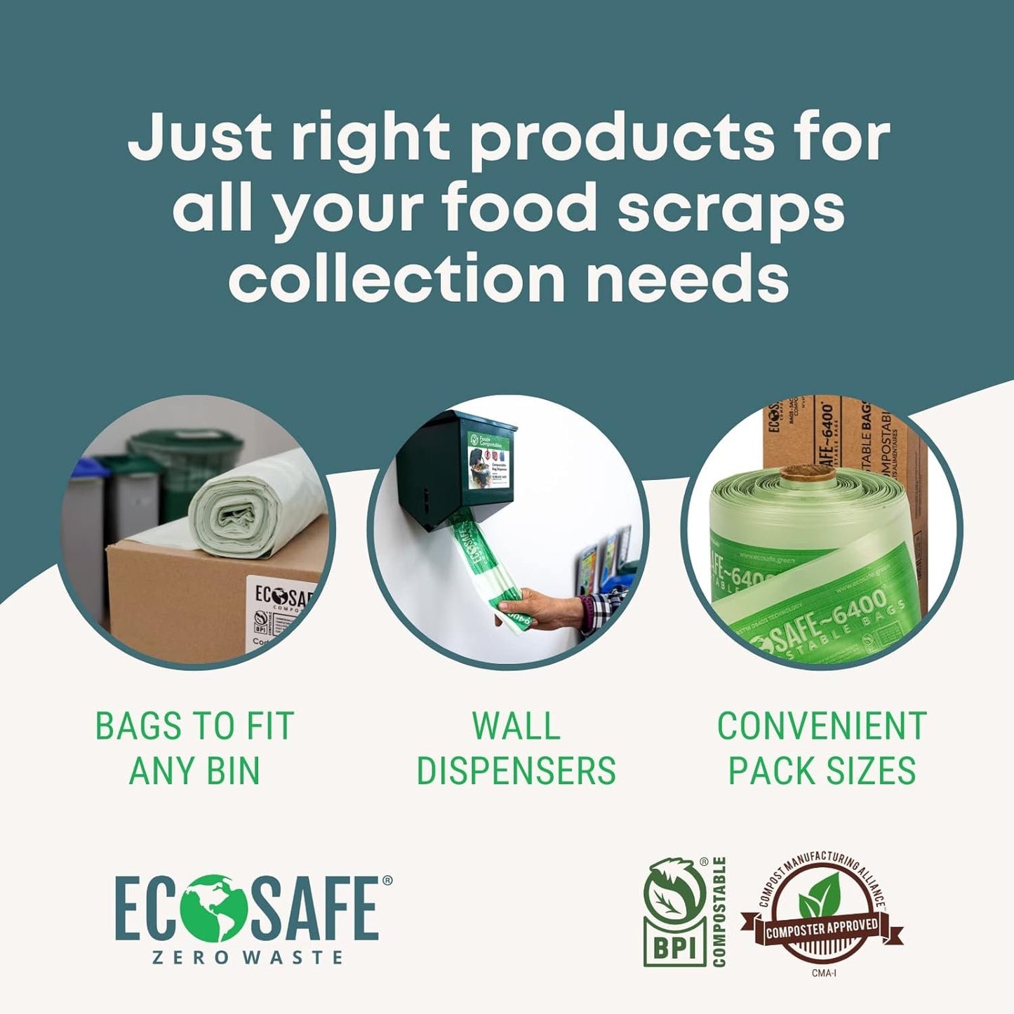 EcoSafe-6400 HB2636-8 Certified Compostable Bag - 26x36" Green Bags for 20 Gallon Bin - Extra Strong Leak, Puncture and Tear Resistant Food Scraps Bin Liners, Pack of 165