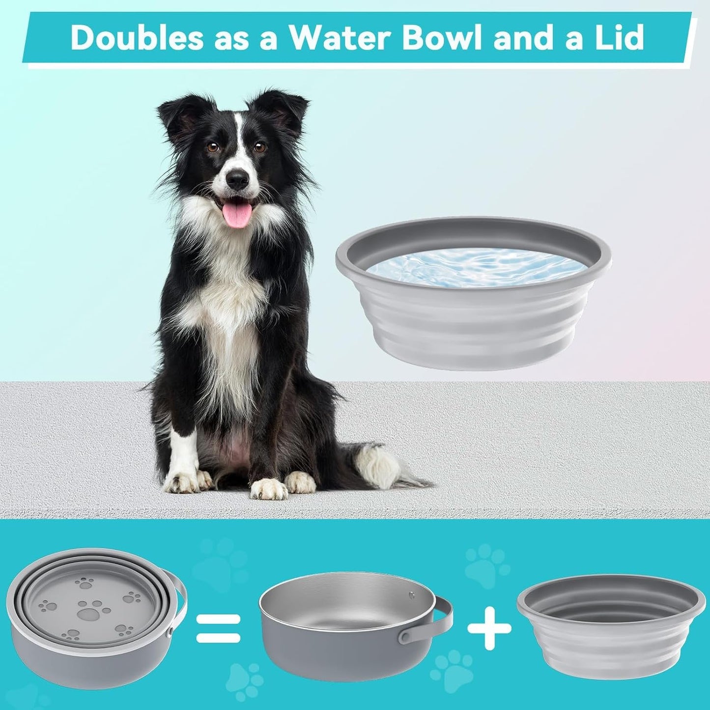 Travel Dog Bowls with Lid, 2 in 1 30Oz Collapsible Dog Water Bowl, 40Oz Stainless Steel Dog Food Bowl Foldable Silicone Water Bowl Portable Pet Feeding Watering Dish for Medium/Small Dogs,Cats