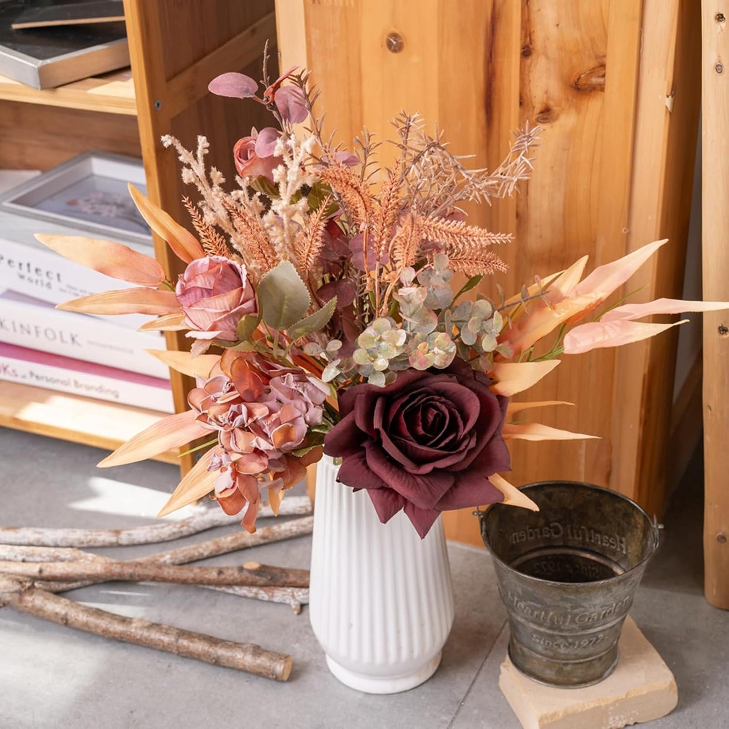 Alynsehom Artificial Fake Flowers Plants Silk Flower Arrangements Wedding Bouquets Decorations Plastic Floral Table Centerpieces for Home Kitchen Garden Party Decor (Pink Burgundy)