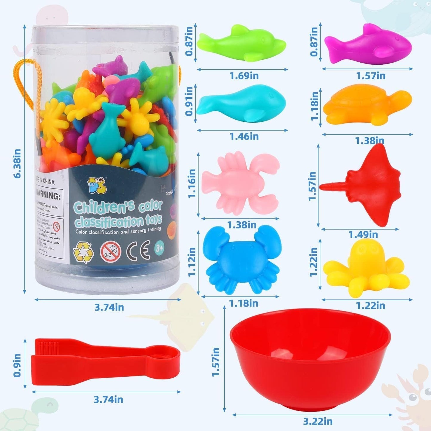 JMANNI Colour Sorting Montessori Toys, Colourful Sea Creatures Counting Educational Toys with Bowls and Tongs, Learning Toys for 3 4 5+ Year Olds Toddlers
