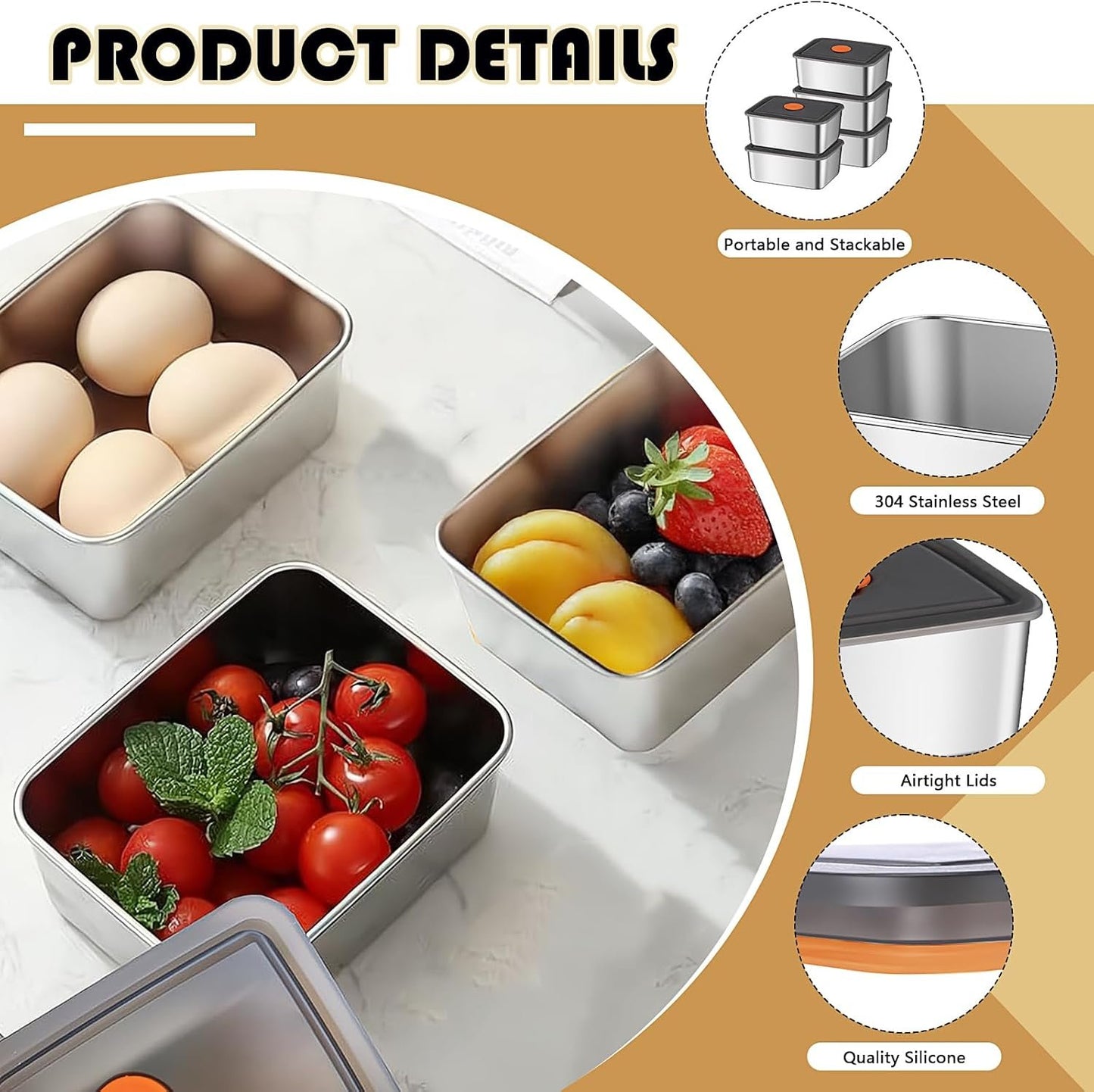10 Pcs 304 Stainless Steel Food Containers with Lids 20 oz Airtight Bento Lunch Box, Metal Marinating Snack Containers Food Storage Containers Box for Lunch, Leftovers, Dishwasher & Freezer Safe