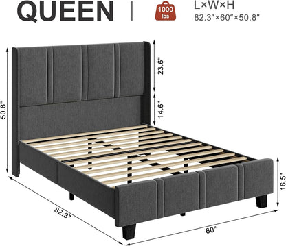 ROLETALENT Queen Bed Frames with 50.8" Tall Upholstered Headboard Wooden Platform Double Bed Frame Queen Size No Box Spring Needed Noise Free Easy Assembly