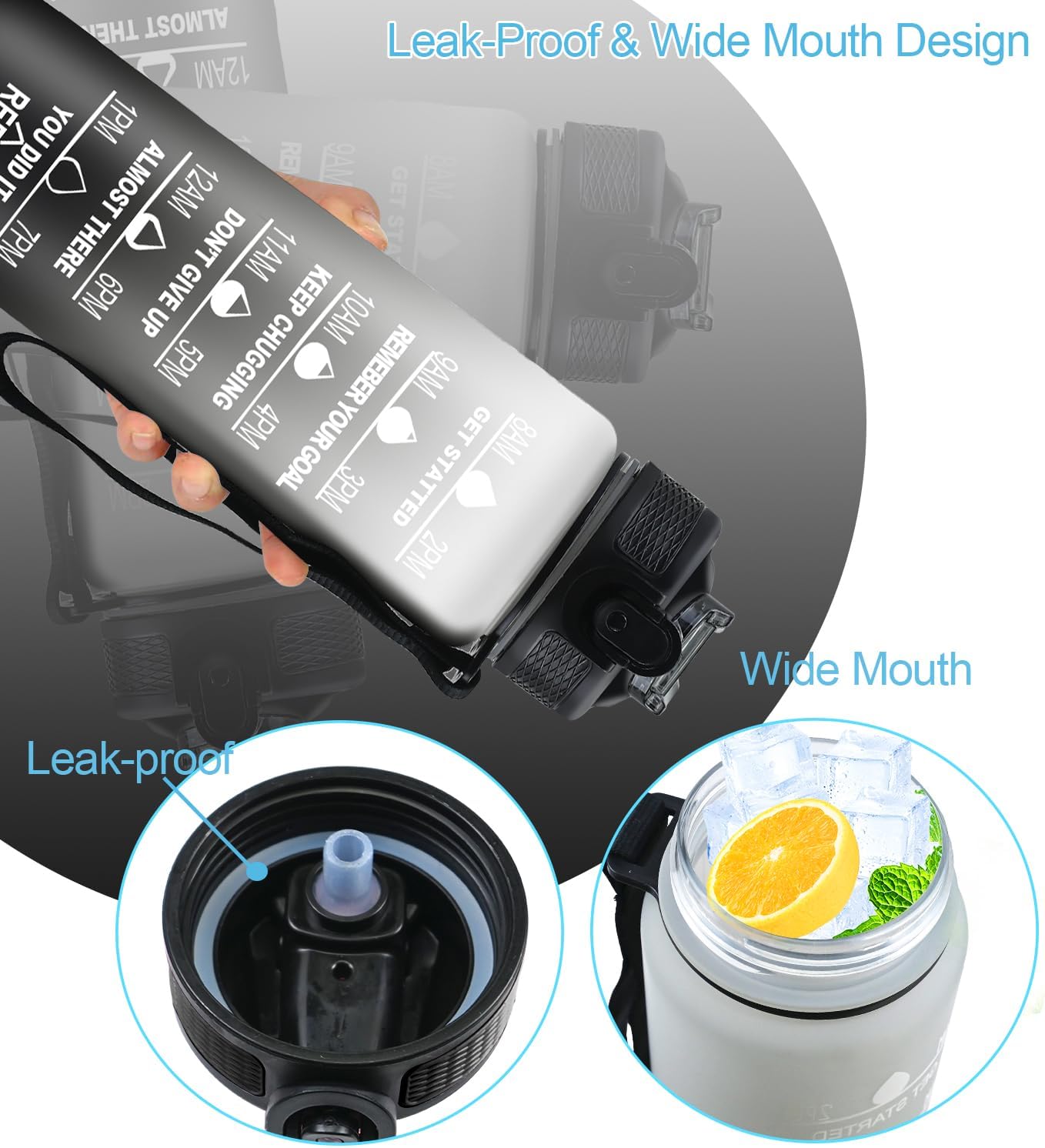 AOOABO TECH Motivational Water Bottle 1 Litre with Straw with Time Marker Leak Proof Tritan BPA Free Fitness School Gym Outdoor Sports (Black+Grey)