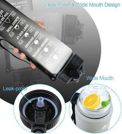 AOOABO TECH Motivational Water Bottle 1 Litre with Straw with Time Marker Leak Proof Tritan BPA Free Fitness School Gym Outdoor Sports (Black+Grey)
