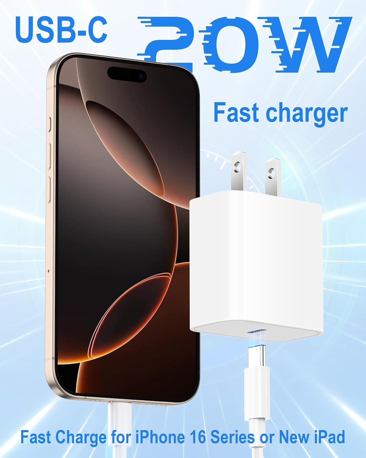 for iPhone 16/15 Pro Max Charger, 20W Fast Charging USB C Charger Block Wall Power Adapter + 6FT USB-C Cable for iPhone 16 Pro Max Plus 16e, iPhone 15 Pro Max, iPad Pro 12.9/11/13 inch, Air 4/5