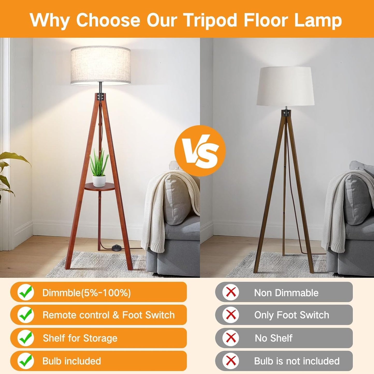 OUTON Dimmable Wood Tripod Floor Lamp with Shelves, Remote Control, Mid Century Modern Standing Lamp 58.5" for Bedroom, Living Room & Office, Beige Lamp Shade Include E26 9W Bulb