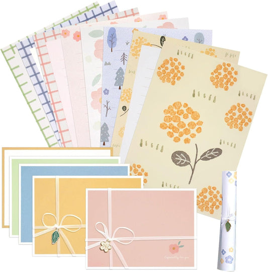 KSIWRE 48 PCS Stationery Paper and Envelopes Set,16 PCS Lined Stationary Writing Paper with 8 PCS Matching Envelopes,Cute Floral Stationary Set for Writing Letters Poem Office School Supplies