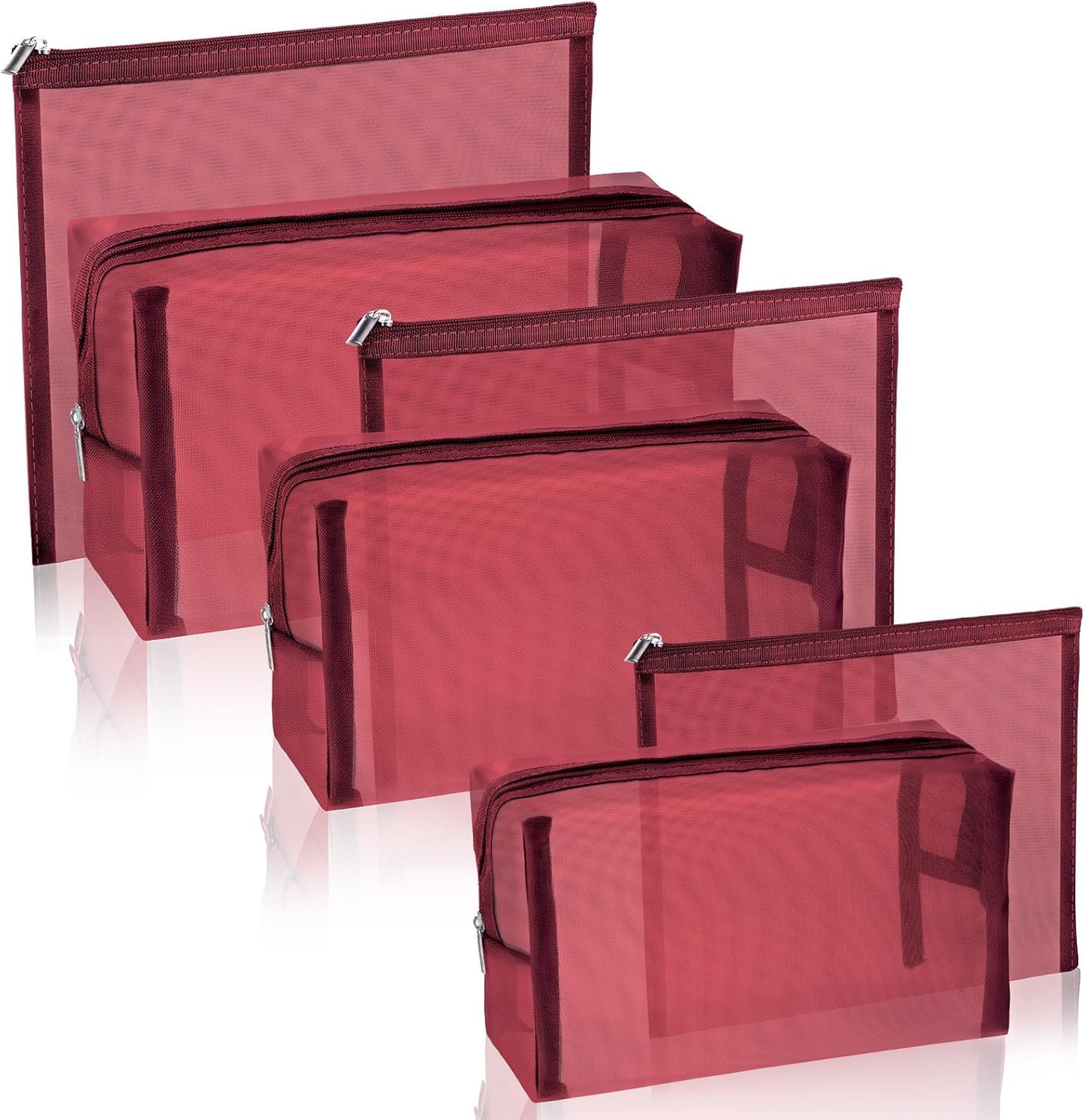 6 Pieces Mesh Makeup Bags Mesh Cosmetic Bag Portable Travel Organizing Zipper Pouch Toiletries Makeup Pouches for Home Office Travel Accessories (Wine Red)
