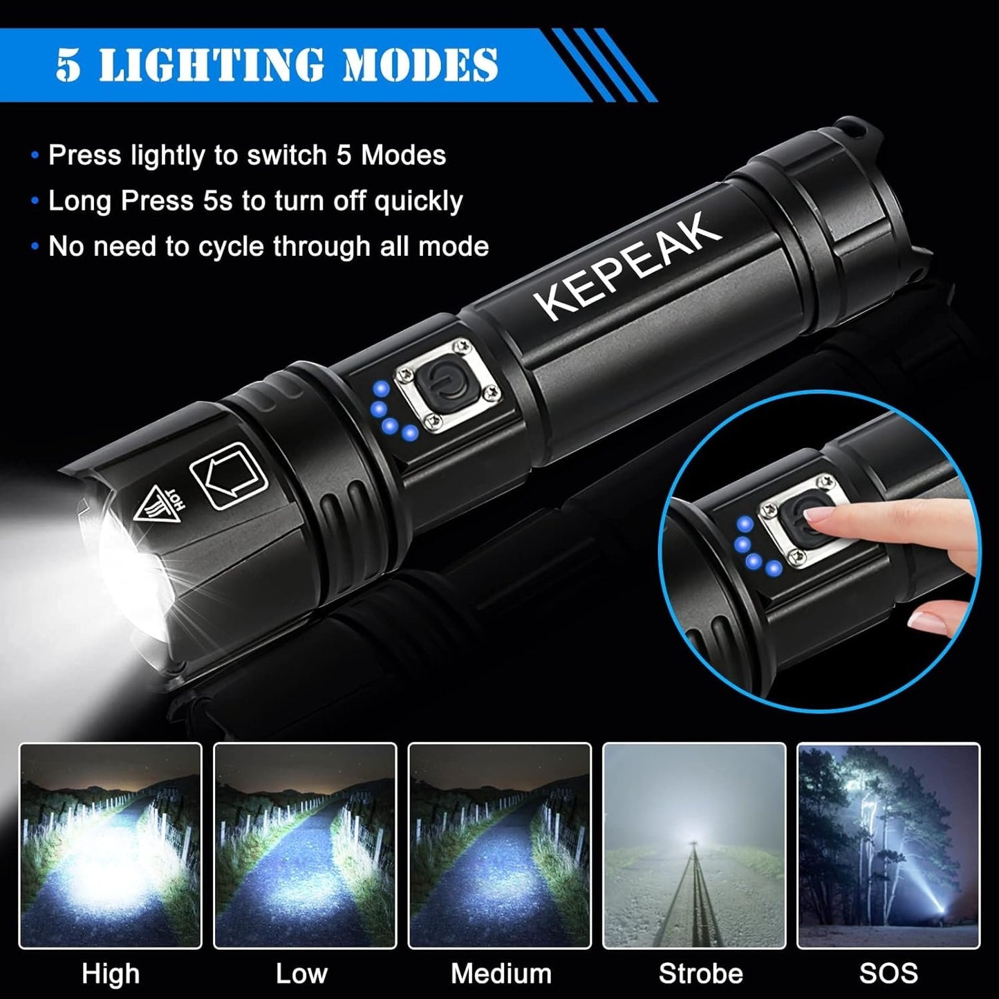 KEPEAK Flashlight, Rechargeable Flashlights High Lumens, 9000 Lumens Super Bright LED Flash Light, Powerful, Zoomable, Tactical Flashlight for Camping, Emergency