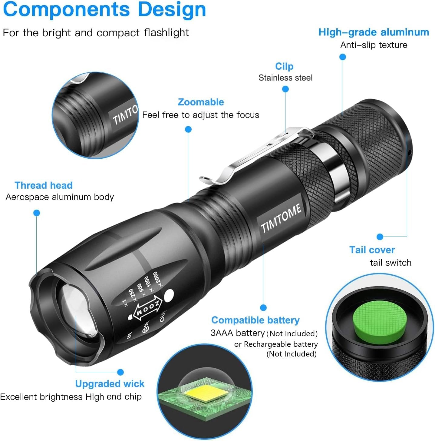 LED Flashlight, Ultra Bright XML T6 Handheld Flashlights - High Lumen, Zoomable, 5 Modes, Water-Resistant - Perfect for Camping Biking Home Emergency or Gift-Giving（2 Pack）