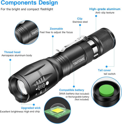 LED Flashlight, Ultra Bright XML T6 Handheld Flashlights - High Lumen, Zoomable, 5 Modes, Water-Resistant - Perfect for Camping Biking Home Emergency or Gift-Giving（2 Pack）