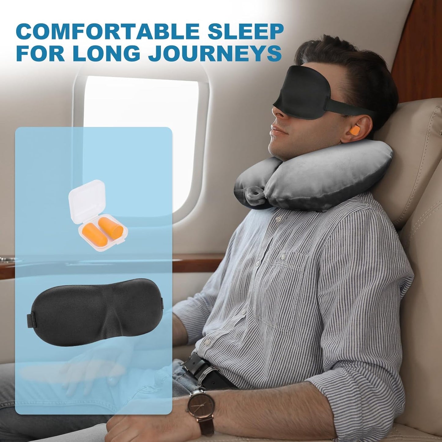 Cirorld Inflatable Travel Neck Pillow, Ultralight and Compact Airplane Pillow, Travel Neck Pillow, Includes Sleeping Mask, Ear Plugs, Carrying Bag