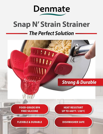 Denmate Original Kitchen Strainer for Pots, Pans, and Bowls Adjustable Silicone Clip on Colander Snap N Strain Kitchen Gadget for Fruits, Veggies, Salads, Pasta, & More Dishwasher Safe Red