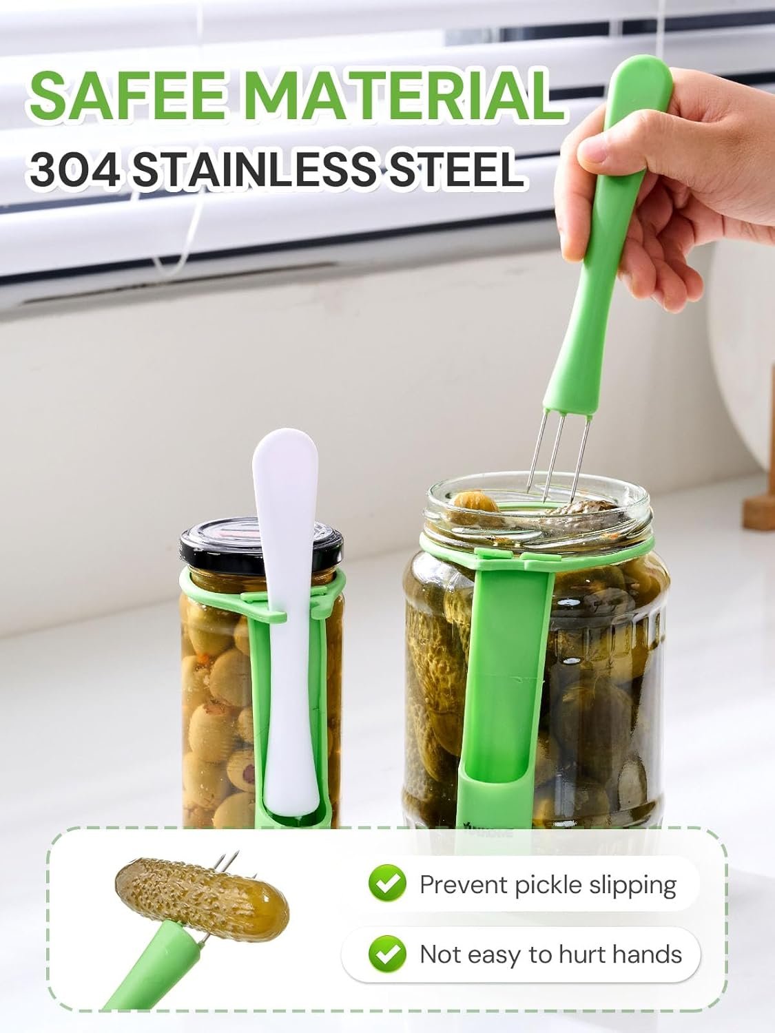 Pickle Fork, YUNHOME Pickle Grabber, Unique Kitchen Gadgets, Olive Fork Pickle Picker Pickle Gift Cool Gadgets Pickle Gifts Pickle Forks Tool for The Jar Pickle Holder, Green&White, YPF02