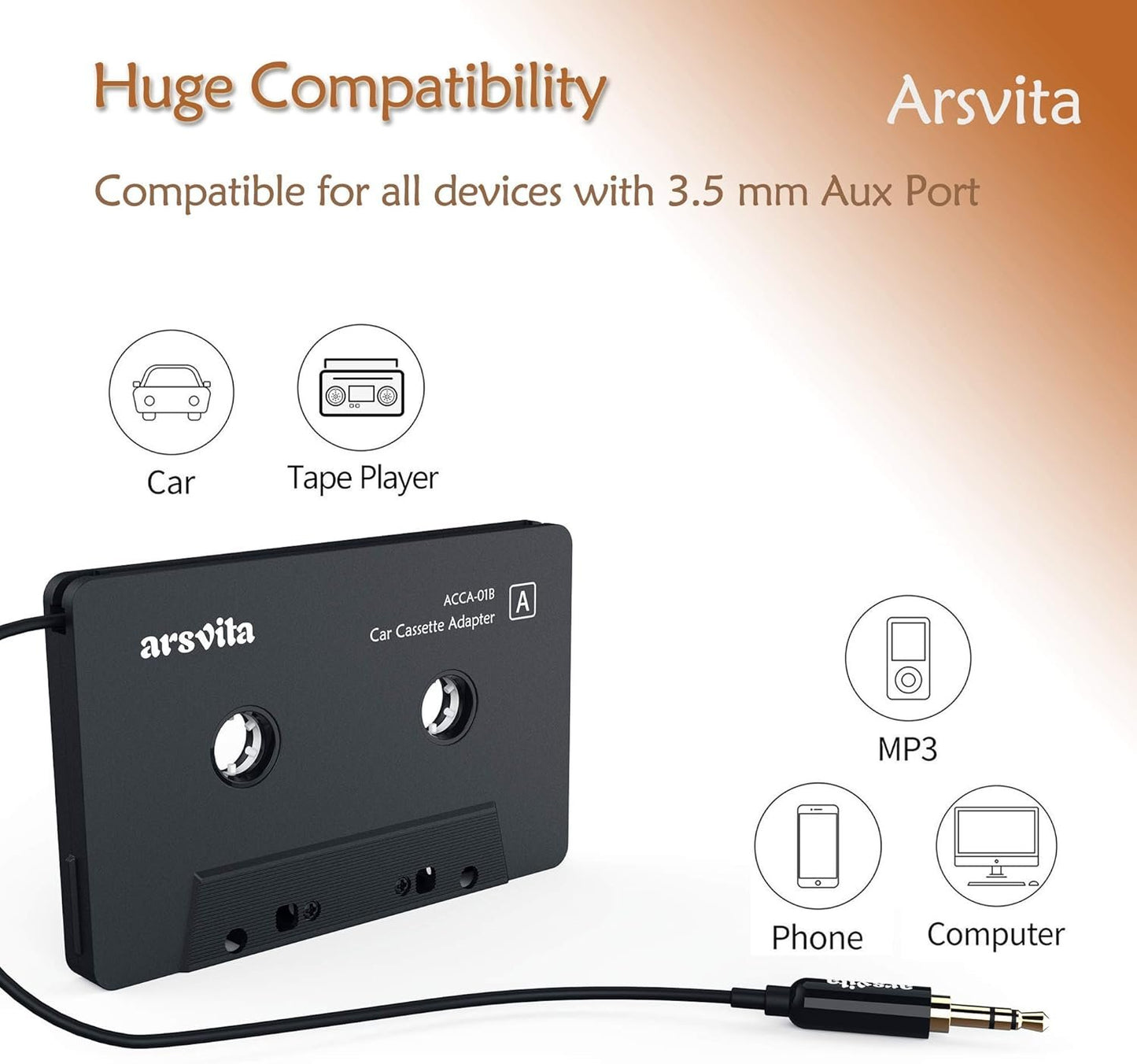 arsvita Car Audio Cassette to Aux Adapter, 3.5 MM Auxillary Cable Tape Adapter
