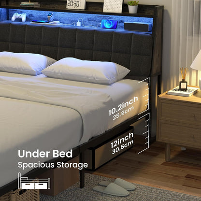 BedStory Bed Frame Full Size with Charging Station, LED Bed with Upgrade Upholstered Headboard, Ergonomic Bed Frame Headboard with Under Bed Storage, No Box Spring Needed, Noise Free Easy Assembly