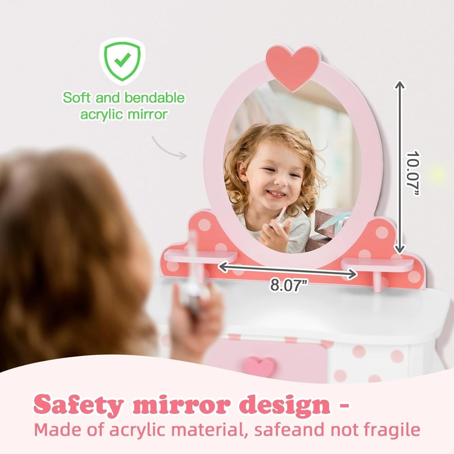 OOOK Kids Vanity Set, Table & Chair Vanity Set with Mirror and 15 pcs Interesting Make-up Accessories, Pink Makeup Dressing Table with Storage Drawer, Premium Gift for Girls.