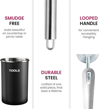 Kitchen Utensil Set - 10 Pieces Stainless Steel Kitchen Utensils with Spoons, Whisk, Spatula, Tongs, Ladle, Potato Masher and Kitchen Utensil Holder, Kitchen Accessories, Gadgets and