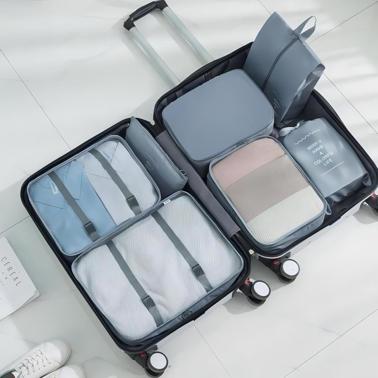 8 Pcs Travel Packing Cubes Set with Shoe & Electronics Bags, Breathable Water-Resistant Mesh Suitcase Organizers, Lightweight Luggage Accessories for Family-Camping Trips (Grey)