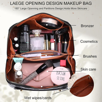 Travel Cosmetic Bag, Large Travel Beauty Case for Women, Make-Up Bag for Women, Updated PU Leather, Toiletry Makeup Bag Organizer, Smooth-Black