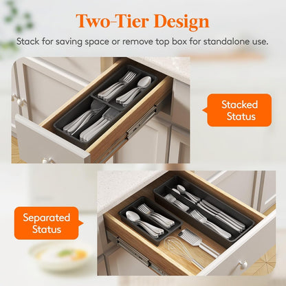 Lifewit Compact Silverware Organizer for Kitchen Drawer, Narrow Flatware Tray Holder, Plastic Cutlery Spoons, Forks and Knives Storage, Black, 1 Pack