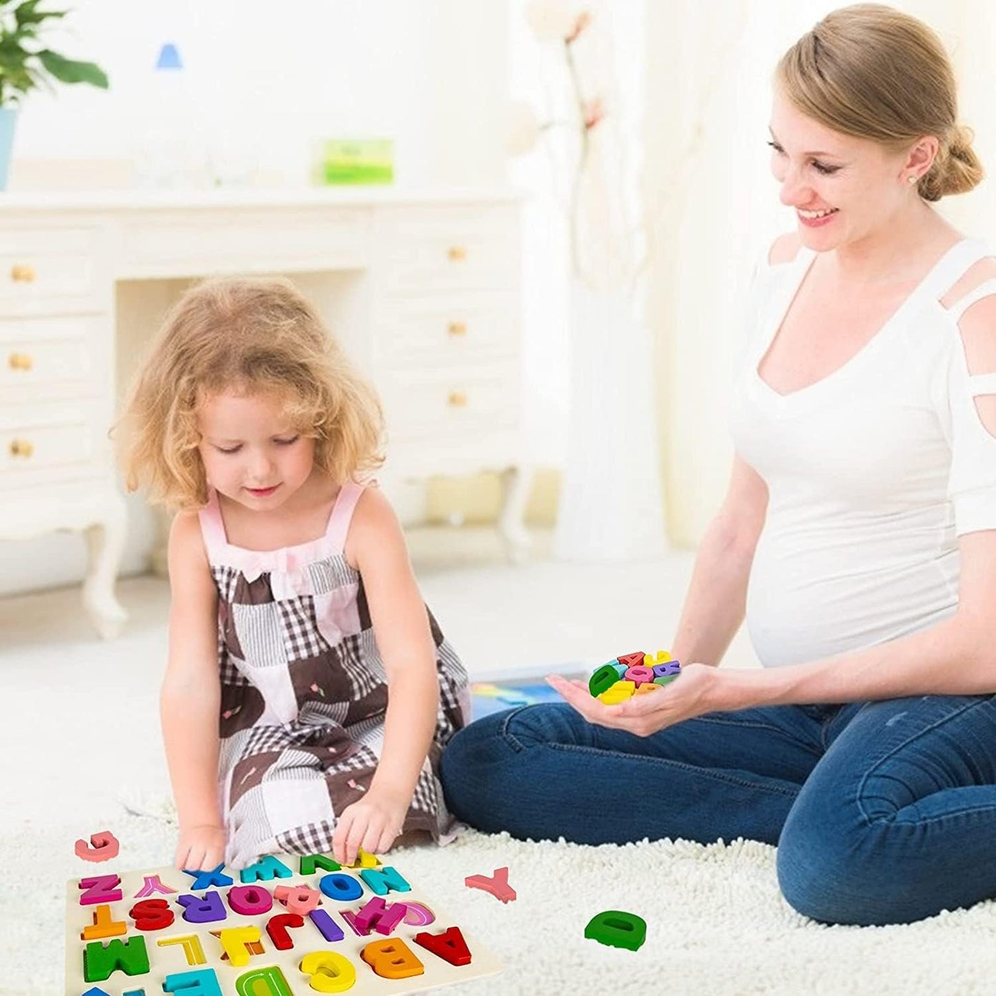 Kunmark Wooden Alphabet Puzzle ABC Jigsaws Chunky Letters Early Learning Toys for Kindergarten and Toddlers-est Educational Toy Preschool Learning, Spelling, Counting (Uppercase Letter)