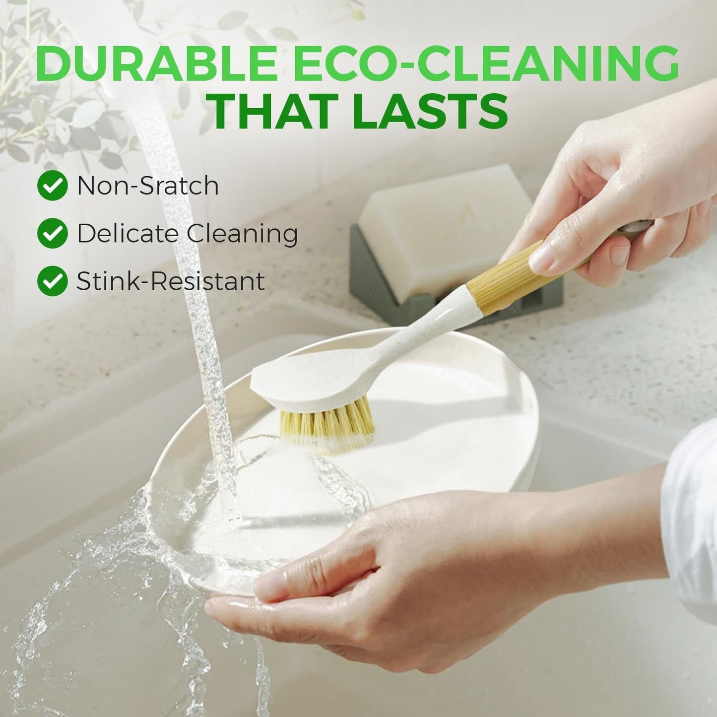 AIRNEX Bamboo Dish Brush with Handle Pack of 2 - Natural Dish Scrub Brush Brosse Vaisselle - Plastic-Free Sisal Bristles Kitchen Dish Scrubber - Odour Free Wooden Dish Brush for Pots, Pans and Sink