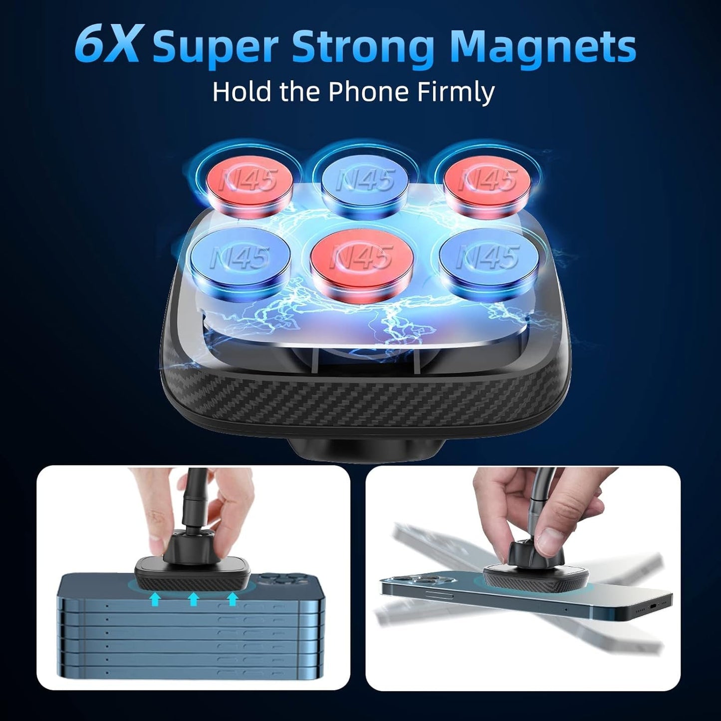 Magnetic Car Mount, Universal Magnetic Phone Car Mount with 6 Strong Magnets, Windshield Phone Mount, Suction Cup Phone Holder, Magnet Phone Holder fit All Smartphones & Mini Tablets Large Devices