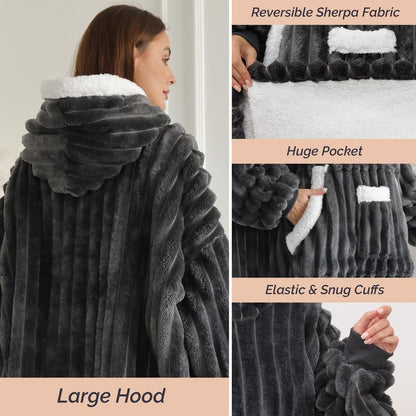 3D Jacquard Wearable Blanket Hoodie, Hooded Blankets for Adult Women, Warm Sweatshirt Blanket with Pockets and Sleeve