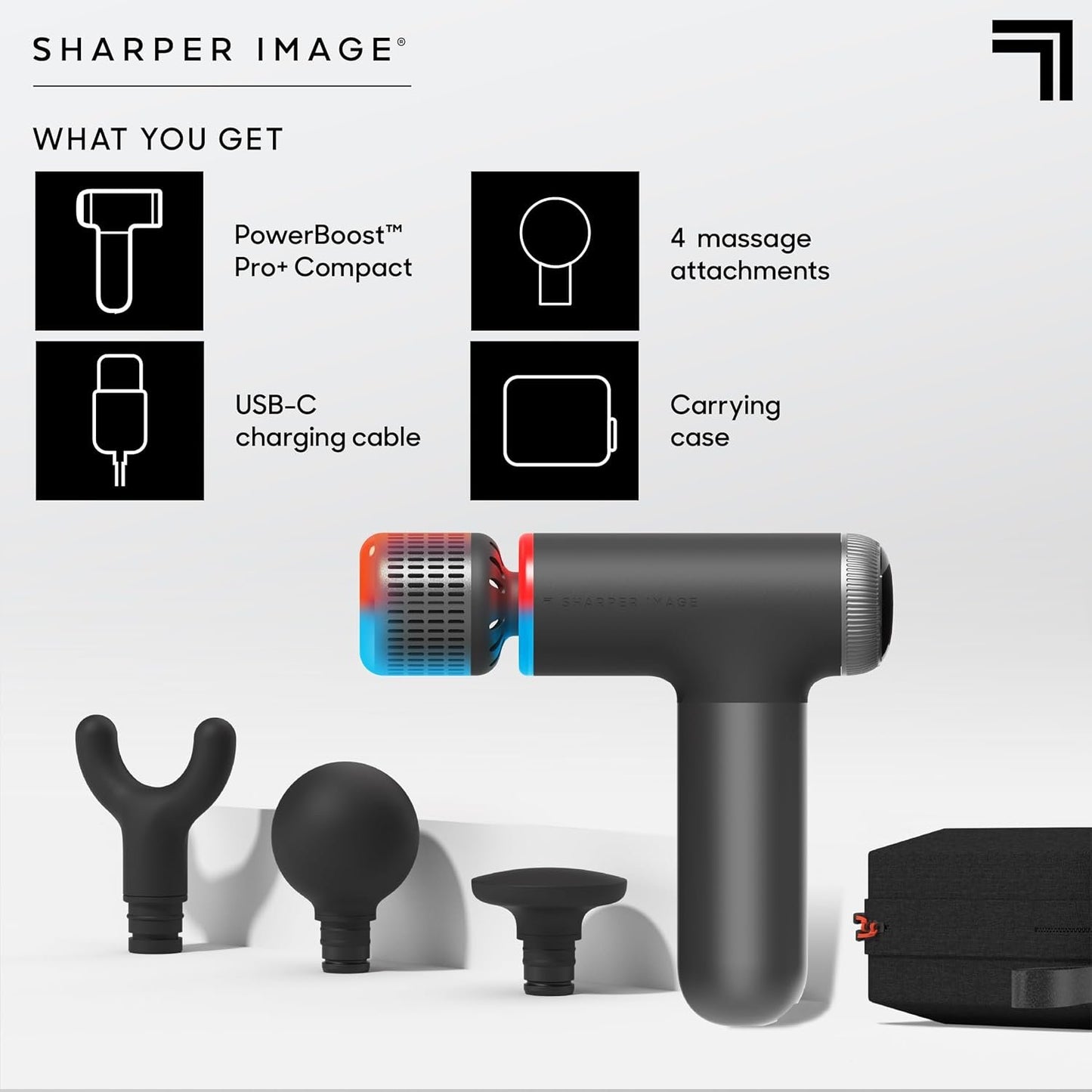 Sharper Image Powerboost Pro+ Hot & Cold Compact Percussion Massager, Dual-Temperature Node, Soothing Heat & Cold Therapy, 6 Speed, 4 Attachments, Lightweight Portable Athlete Recovery, Travel Case