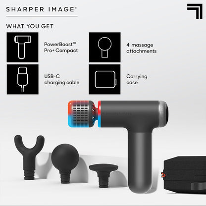 Sharper Image Powerboost Pro+ Hot & Cold Compact Percussion Massager, Dual-Temperature Node, Soothing Heat & Cold Therapy, 6 Speed, 4 Attachments, Lightweight Portable Athlete Recovery, Travel Case