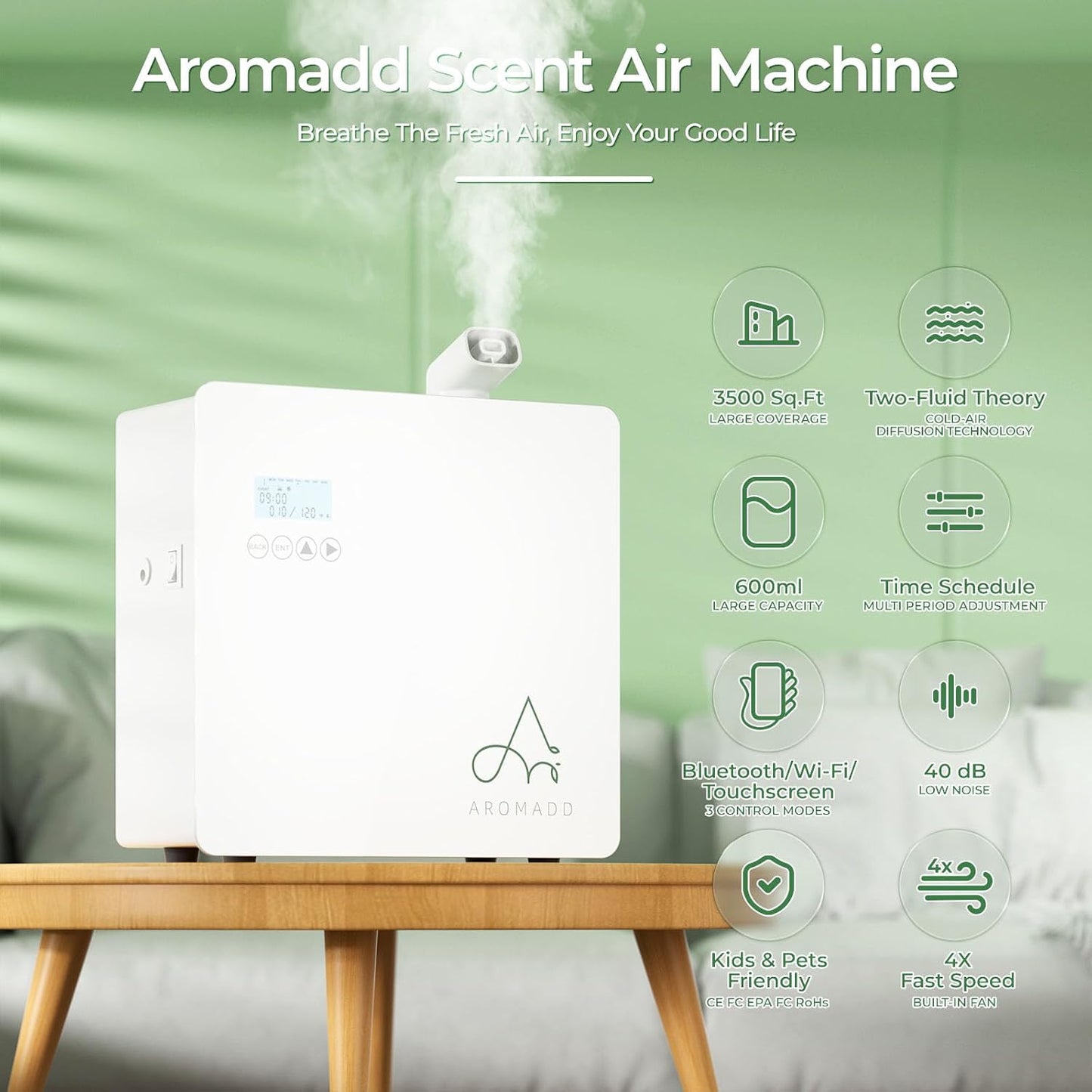 Aromadd 3500 sq.ft Waterless Essential Oil Diffuser, 500 ml Smart Scent Air Machine for Home, Hotel, Office—Cold Air Technology Hotel Diffuser for Large Room, APP and Button Control
