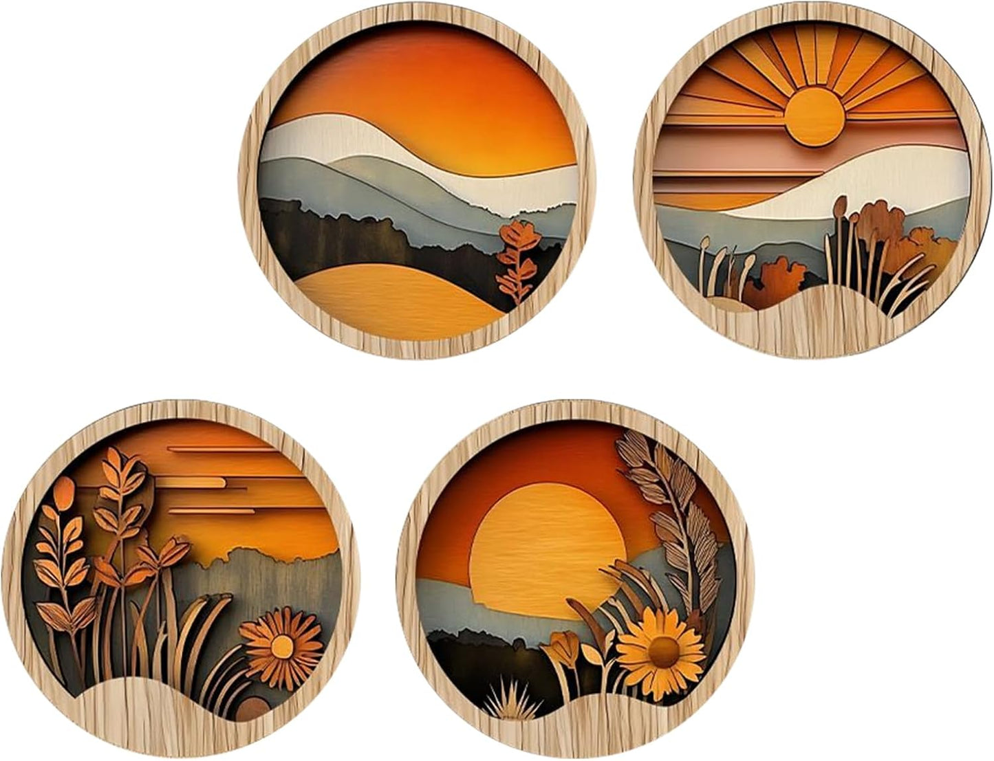 Tuxuseo Boho Wood Wall Decoration, Bohemian Wall Decoration for Bedroom, 4 Round Wooden Frames, 20 x 20 cm, Geometric Art for Home, Hallway, Entrance Area, Windowsill