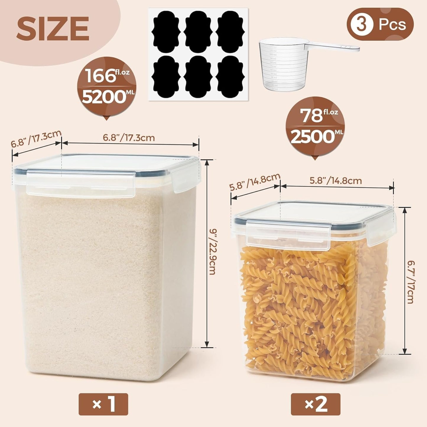 ComSaf Flour Cereal Storage Containers Set of 3 (5.2L/166oz) (2.5L/78oz*2), Large Airtight Food Storage Containers with Lids, Plastic Canisters Sets for Kitchen, Pantry Organizers for Rice and Baking