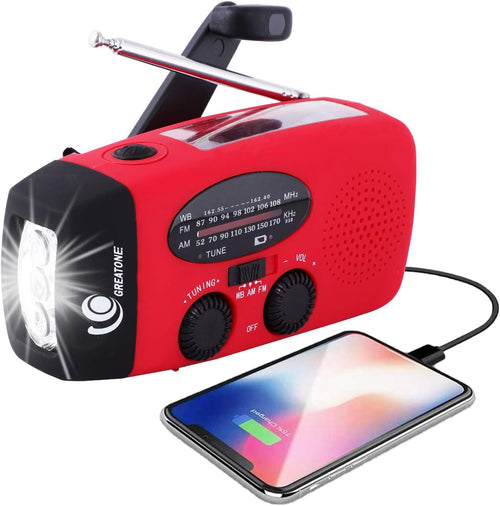 Great One Emergency Hand Crank Self Powered AM/FM NOAA Solar Weather Radio with LED Flashlight, 1000mAh Power Bank for iPhone/Smart Phone 088 red