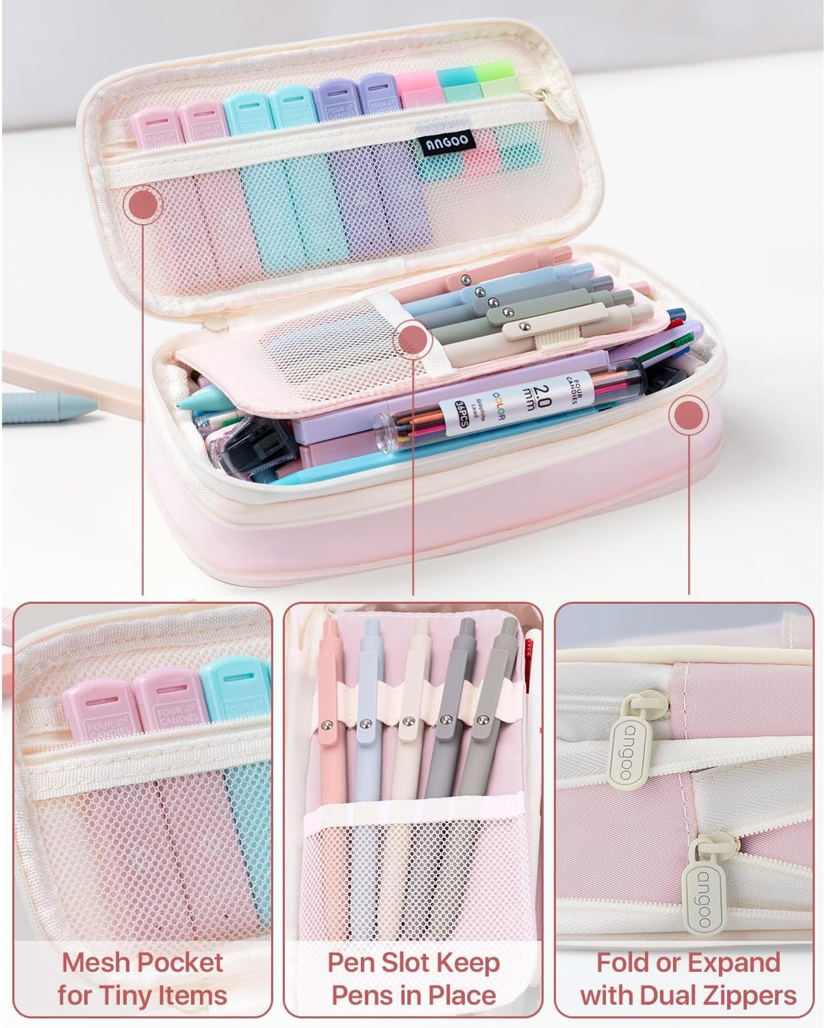 Four Candies 56 PCS Aesthetic School Supplies with Large Pencil Case, 6 Colored Ballpoint Pens, 12 Pastel Highlighters, 5 Black Ink Gel Pens, 9 Mechanical Pencils 0.5-2.0mm Student Essentials (Pink)