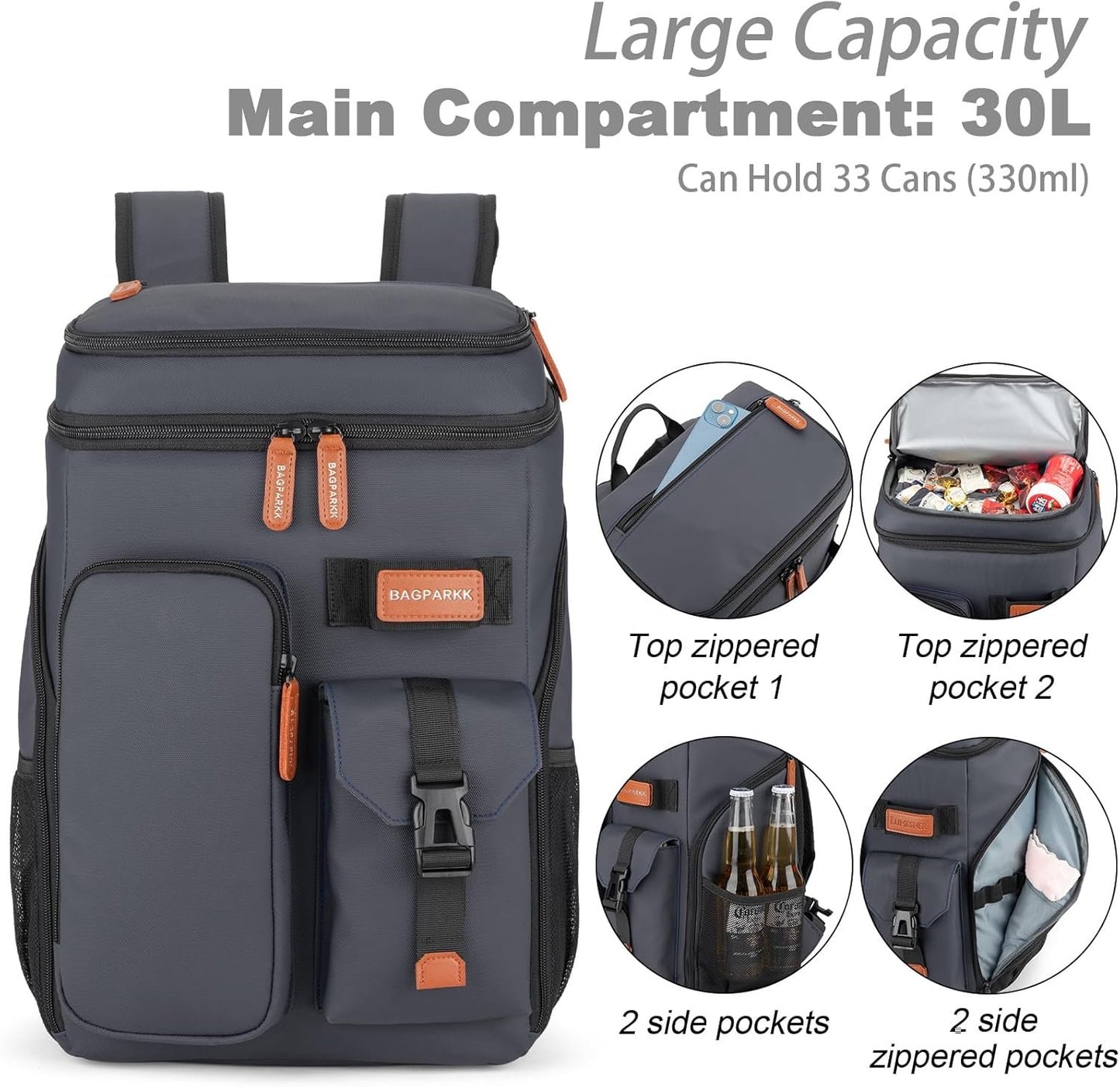 BAGPARKK Insulated Cooler Backpack,33 Cans Multifunctional Double Deck Leakproof Cooler Bag with Sternum Strap,Large Capacity Lightweight Travel Camping Beach Backpack