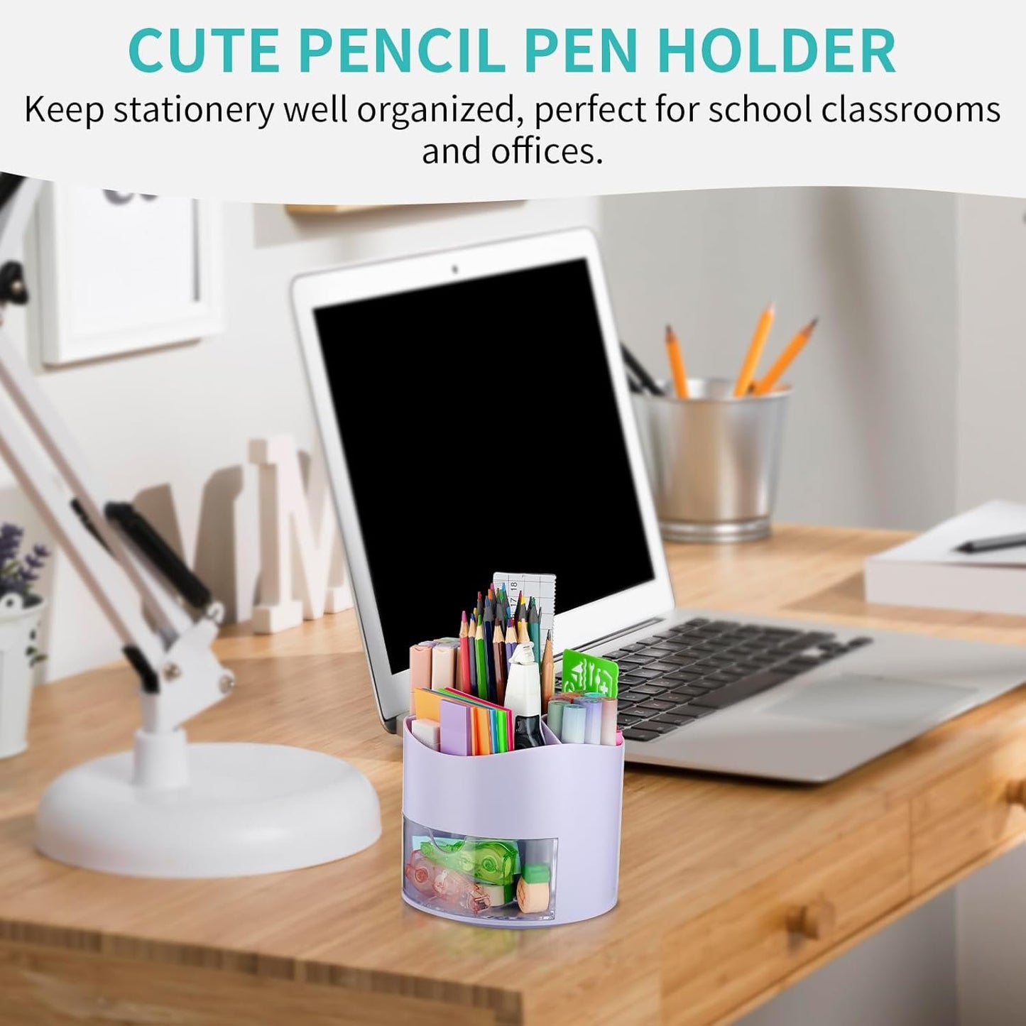 Desk Pencil Pen Holder 4 Slots 360-Degree Rotating Pencil Pen Organizers with Drawer Desktop Storage Stationary Supplies Organizer Pen Cup Pot for Desktop Accessories Office Classroom Purple