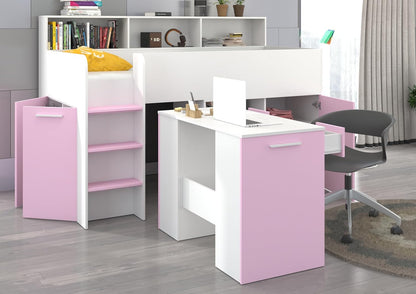 BIM Furniture NEO L Children's Furniture Bunk Bed Set Children's Bedroom Furniture One Bed with Desk, Shelves, Drawers: Left Side (White/Lavender)