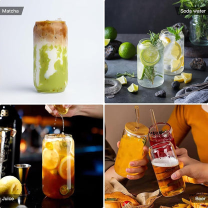 6 PCS Glass Cups with Lids and Straws, 16oz Glasses Drinking Set, Can Shaped Drinking Glasses, Reusable Glass Tumbler with Straw and Lid for Beer Iced Coffee Whisky Water