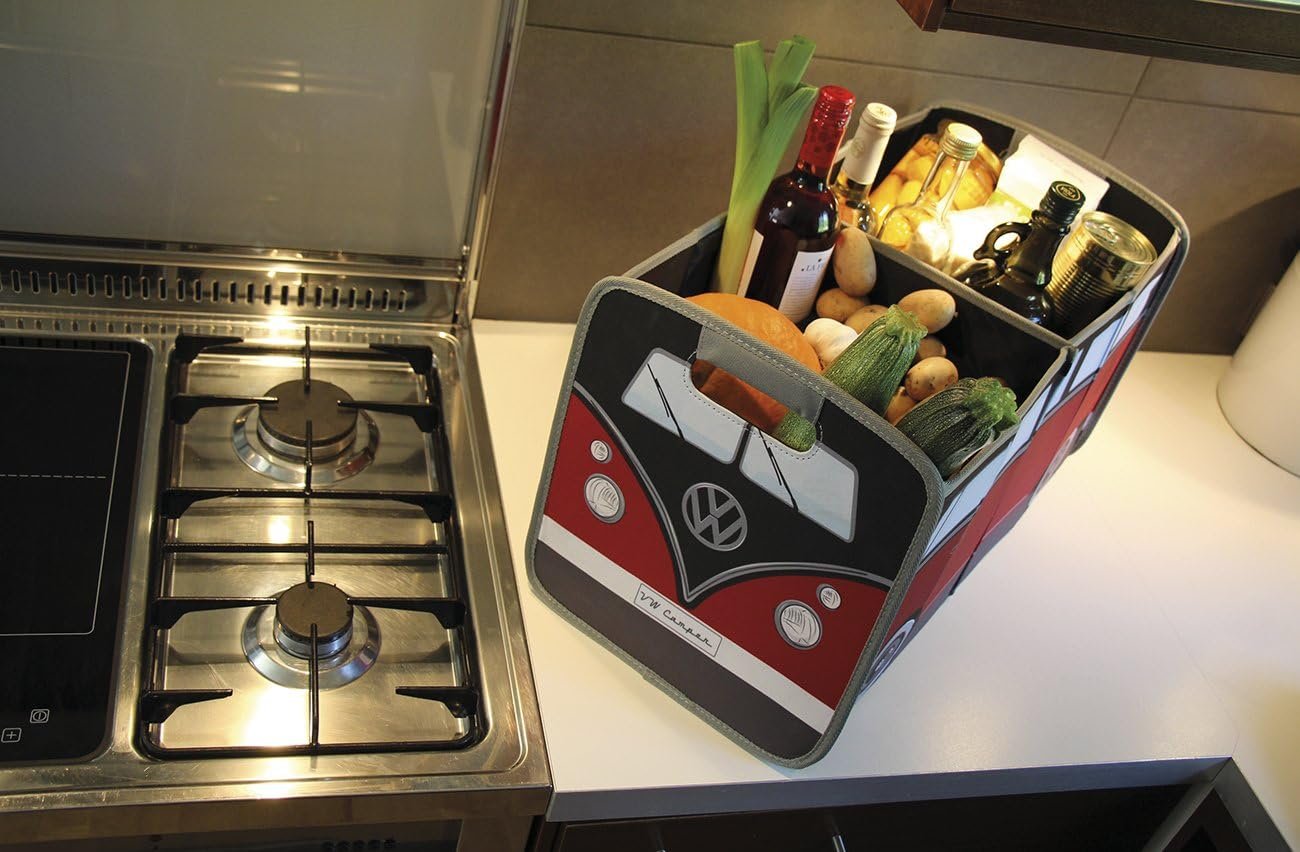 BRISA VW Collection - Volkswagen Foldable Storage Trunk Box Bag for Grocery Shopping in VW T1 Bus Campervan Shape (Classic Bus/Red & Black)